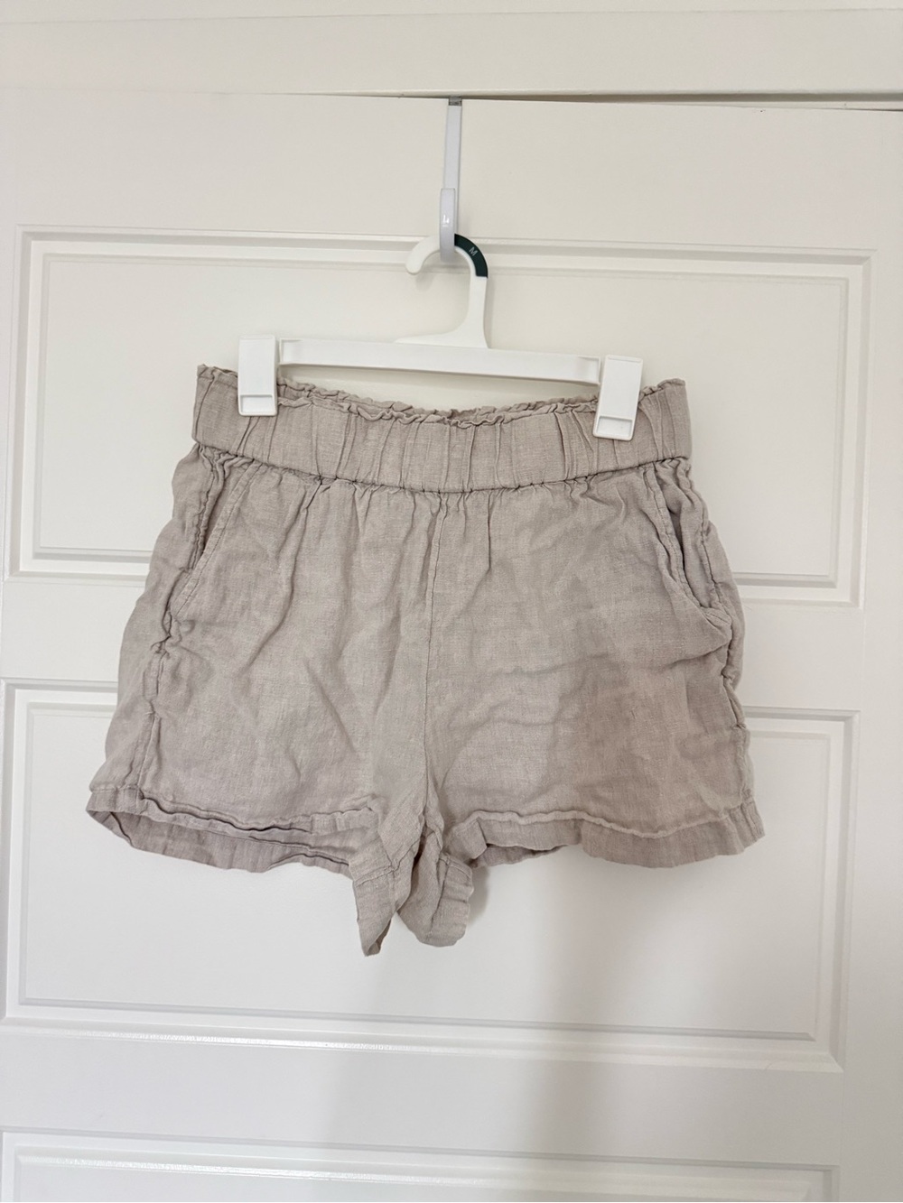 J. Crew Light Taupe Ruffle-Trim High Waist Linen Shorts